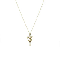 Signed Krementz 14k Yellow Gold Lavalier set with Pearls in the shape of a Lyre