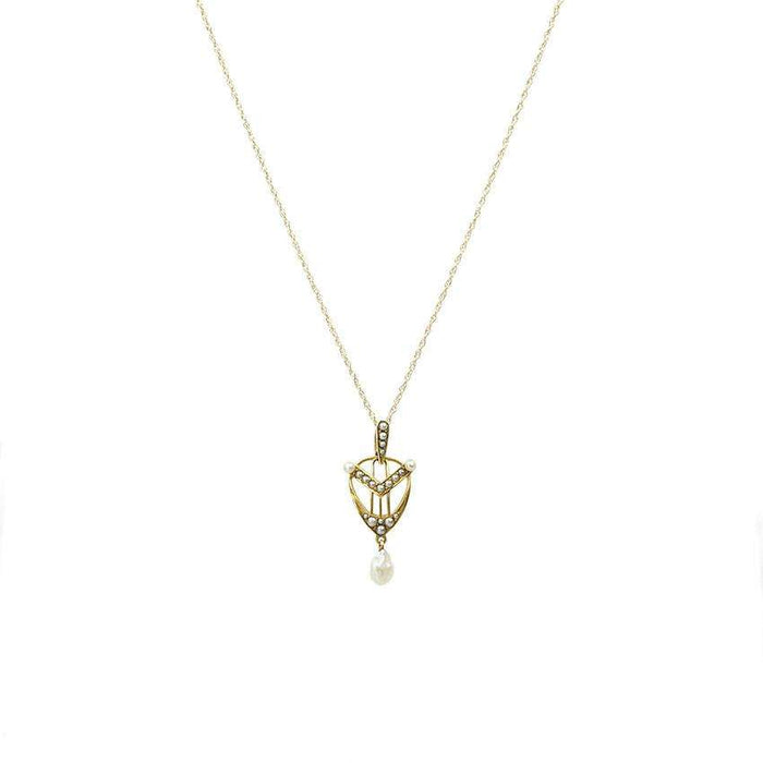 Signed Krementz 14k Yellow Gold Lavalier set with Pearls in the shape of a Lyre