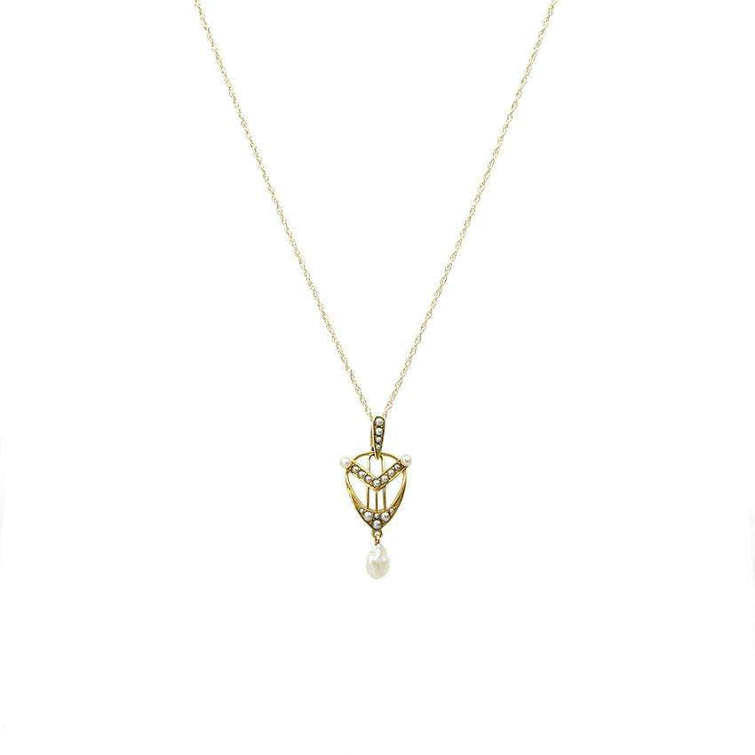 Signed Krementz 14k Yellow Gold Lavalier set with Pearls in the shape of a Lyre