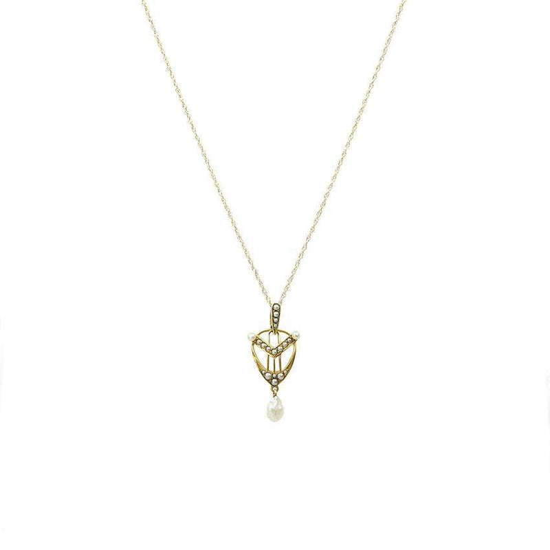 Signed Krementz 14k Yellow Gold Lavalier set with Pearls in the shape of a Lyre