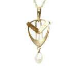 Signed Krementz 14k Yellow Gold Lavalier set with Pearls in the shape of a Lyre