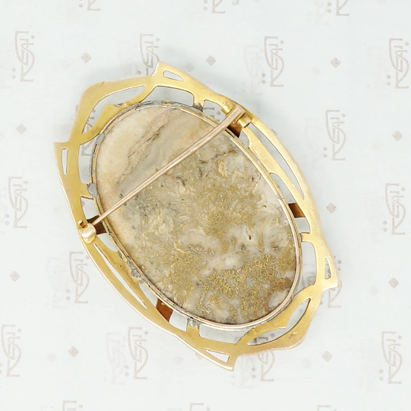 large gold quartz art nouveau brooch back
