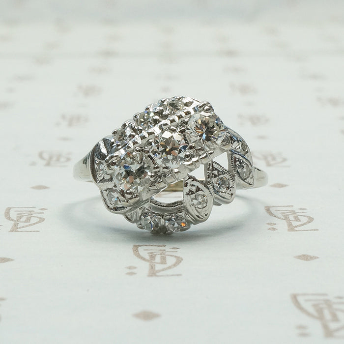 14k white gold 1940's assymetrical diamond ring