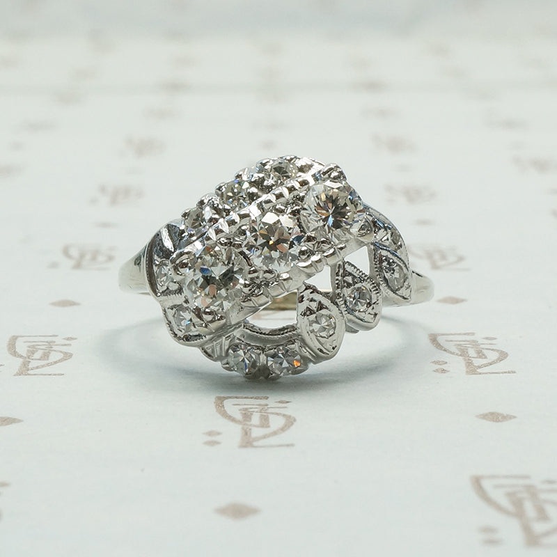 14k white gold 1940's assymetrical diamond ring