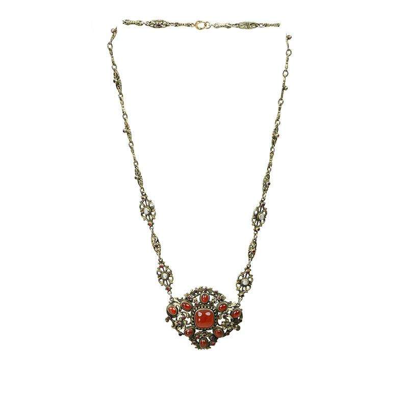 Carnelian & Garnet Austro-Hungarian 800 Silver Gilt Necklace