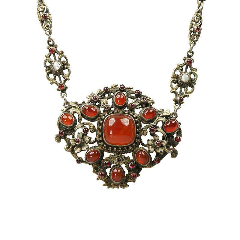 Carnelian & Garnet Austro-Hungarian 800 Silver Gilt Necklace
