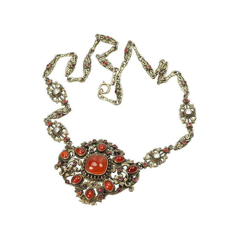 Carnelian & Garnet Austro-Hungarian 800 Silver Gilt Necklace