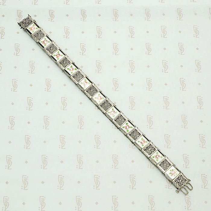 Enamel Roses on Silver Filigree Vintage Line Bracelet
