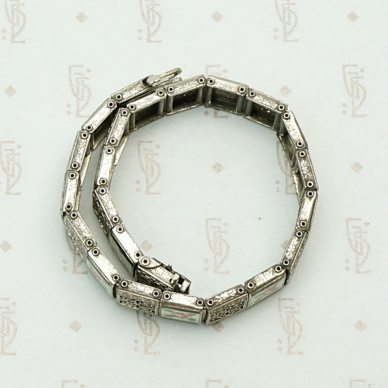 Enamel Roses on Silver Filigree Vintage Line Bracelet. Side view.