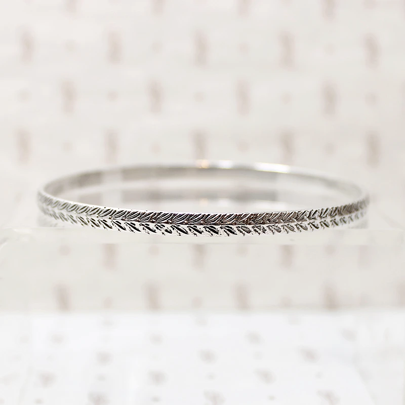 Feathery Engraved Sterling Silver Bangle Bracelet