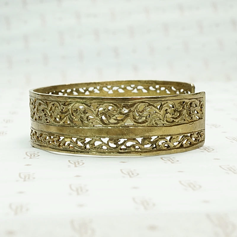 Moroccan Silver Gilt Filigree Cuff with Lightning Bolt. Side view.