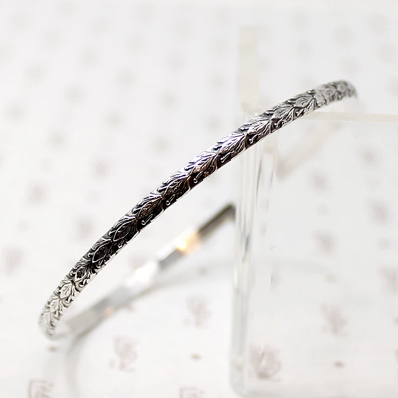 Vintage Sterling Silver Bangle with Engraved Leaves