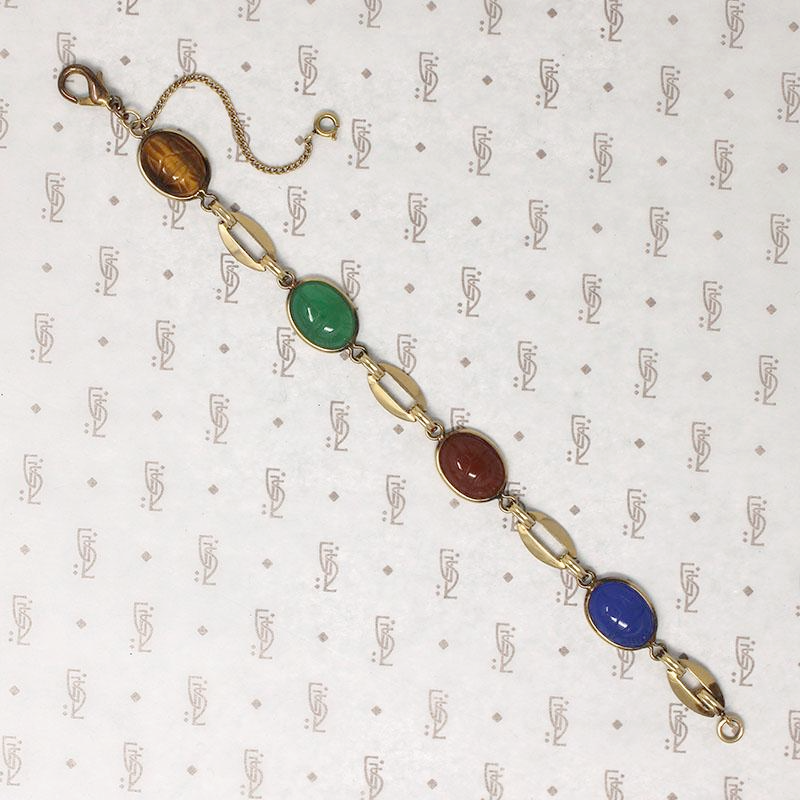 Mid Century Carved Stone Scarab Bracelet