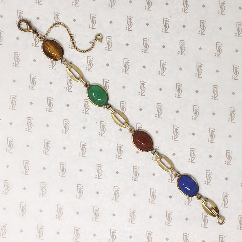 Mid Century Carved Stone Scarab Bracelet