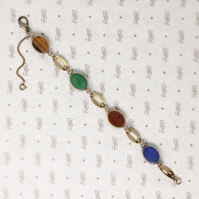 Mid Century Carved Stone Scarab Bracelet
