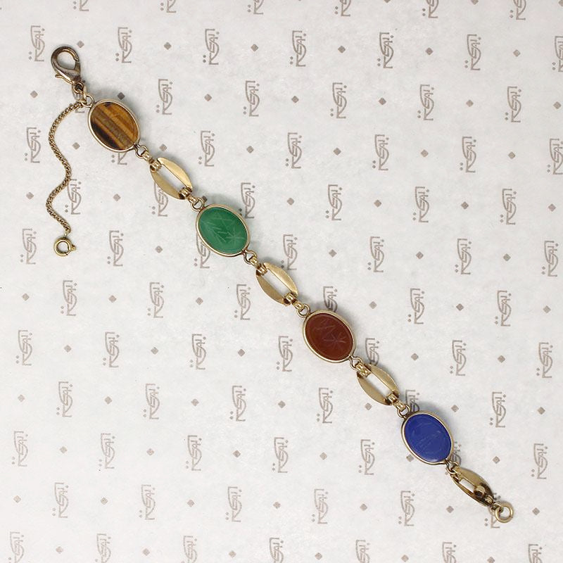 Mid Century Carved Stone Scarab Bracelet