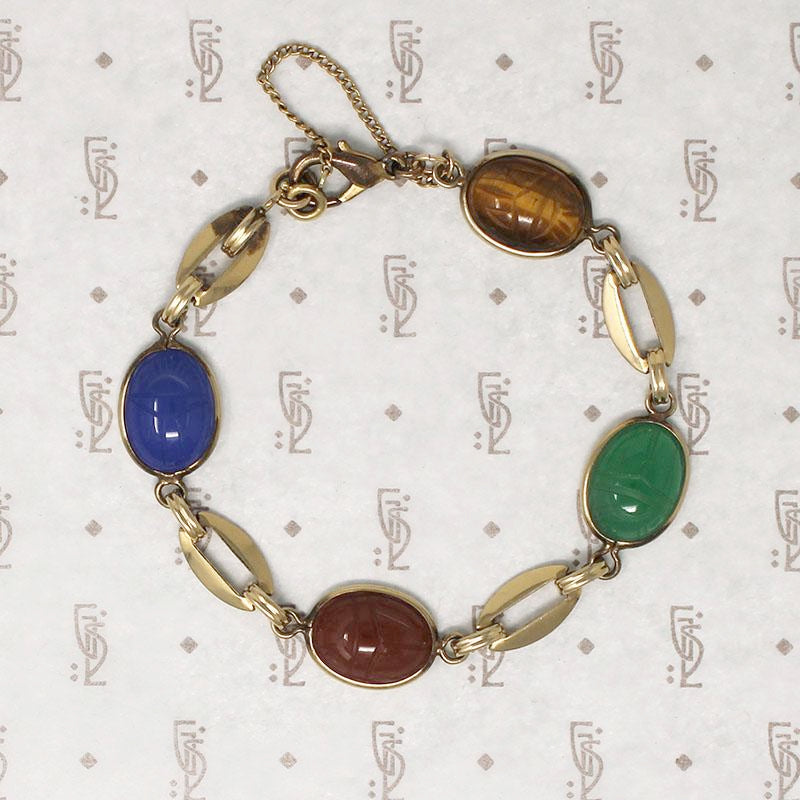 Mid Century Carved Stone Scarab Bracelet