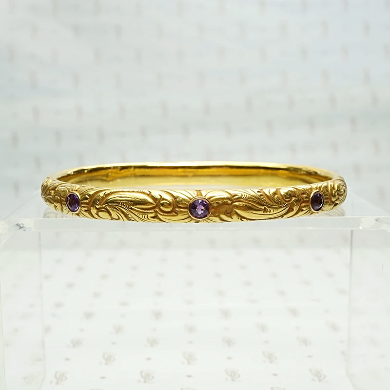 American Art Nouveau 14k Repoussé Bangle Bracelet set with Amethysts