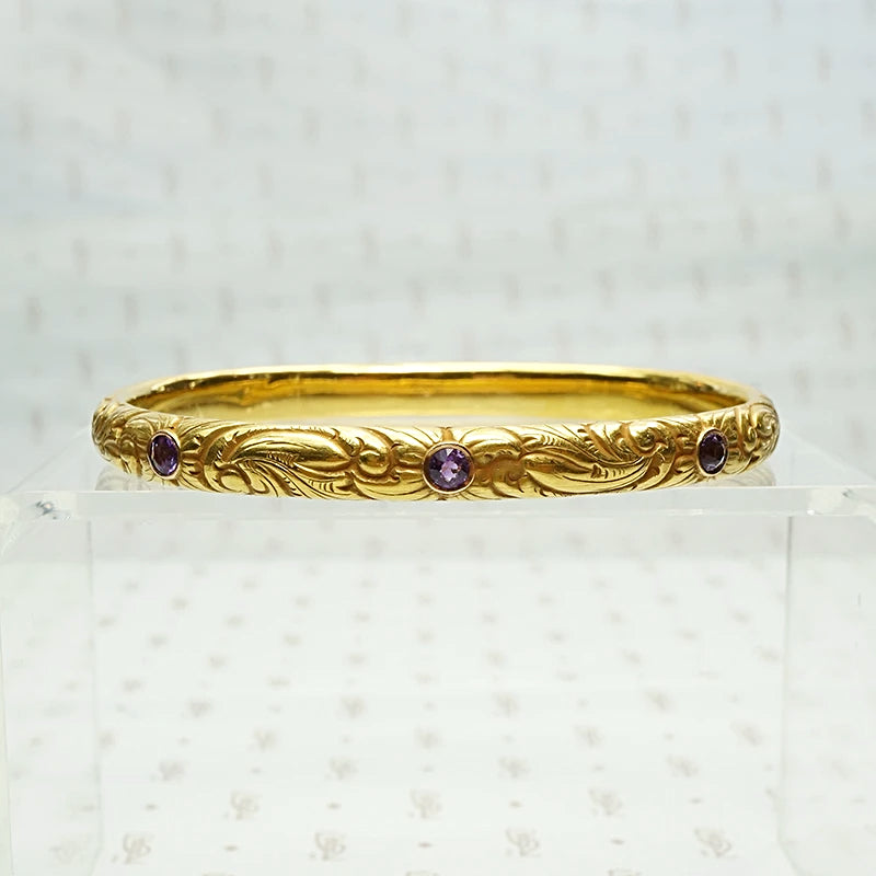 American Art Nouveau 14k Repoussé Bangle Bracelet set with Amethysts
