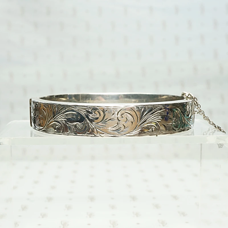 English Victorian Revival Engraved Silver Bangle