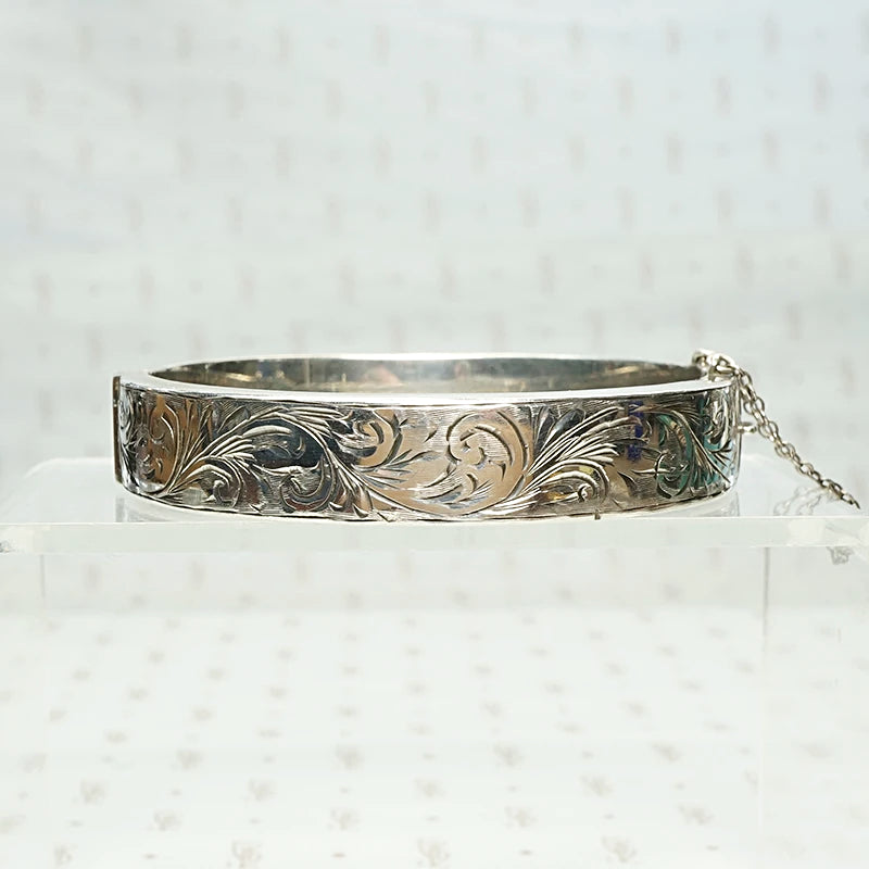 English Victorian Revival Engraved Silver Bangle