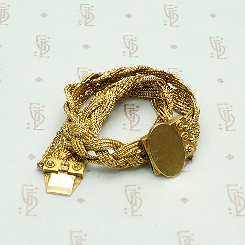Striking Woven Gold Bracelet with Etruscan Revival Detail. Coiled view.