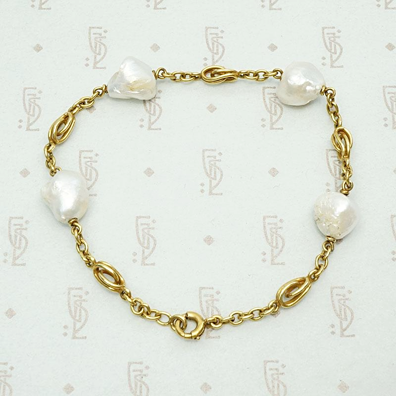Baroque Pearl & Knotted Gold Link Victorian Bracelet