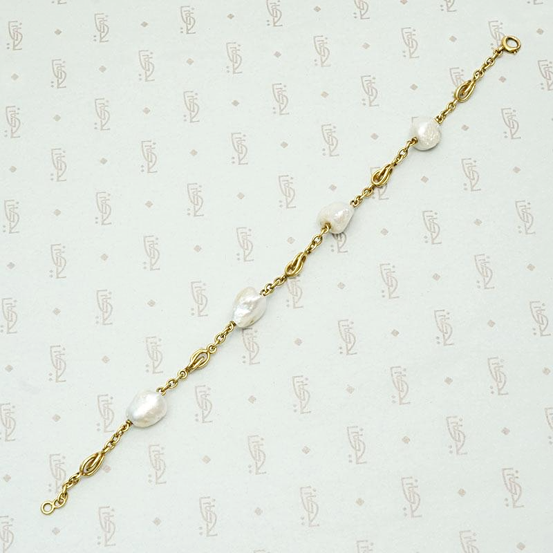 Baroque Pearl & Knotted Gold Link Victorian Bracelet