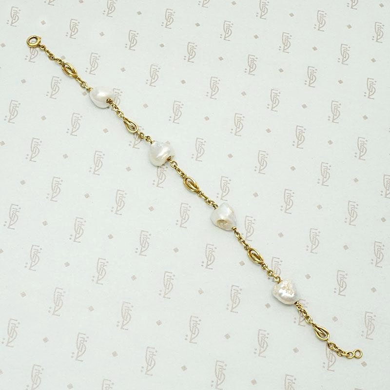 Baroque Pearl & Knotted Gold Link Victorian Bracelet
