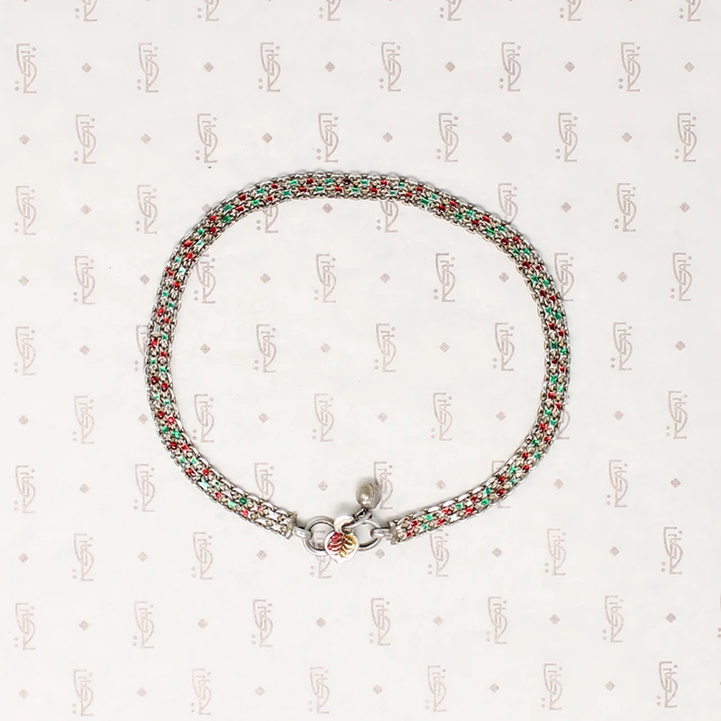 Enameled Indian Silver Mesh Anklet