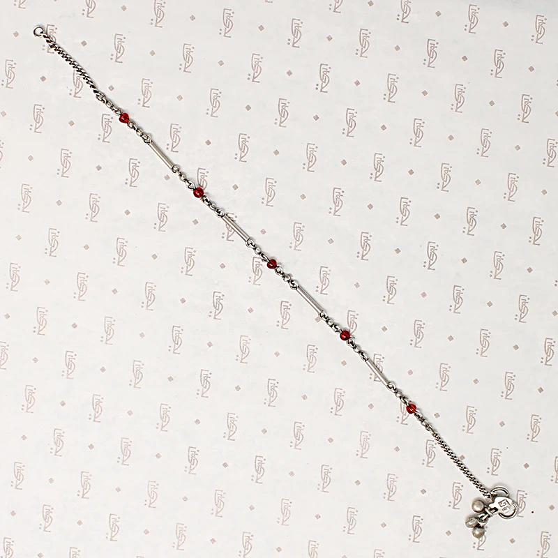 Delicate Indian Silver Anklet with Red Glass Beads
