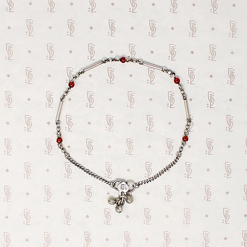 Delicate Indian Silver Anklet with Red Glass Beads
