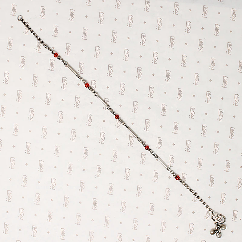 Delicate Indian Red Glass & Silver Anklet