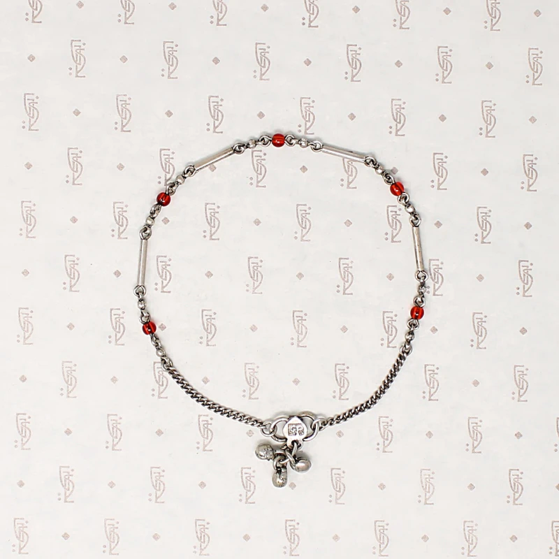 Delicate Indian Red Glass & Silver Anklet