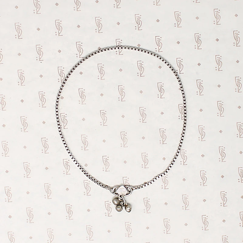 Indian Silver Box Chain Anklet with Bells