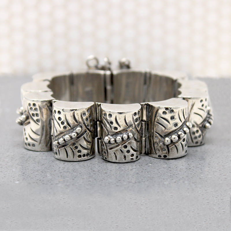 Interesting Engraved & Beaded Silver Mexican Bracelet