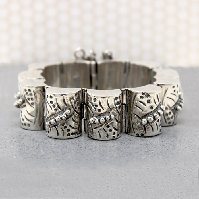 Interesting Engraved & Beaded Silver Mexican Bracelet