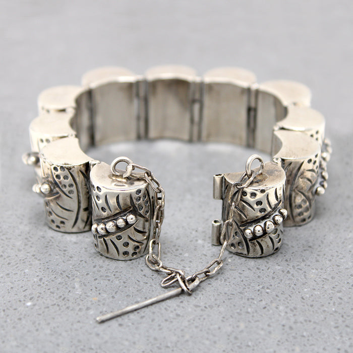 Interesting Engraved & Beaded Silver Mexican Bracelet