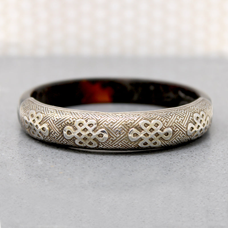 Chinese Silver & Horn Bracelet with Engraved Scholars Knots