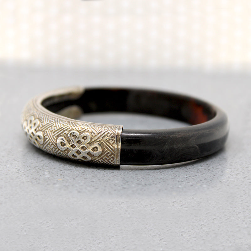 Chinese Silver & Horn Bracelet with Engraved Scholars Knots