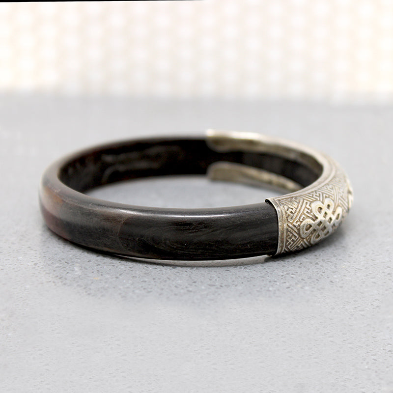 Chinese Silver & Horn Bracelet with Engraved Scholars Knots