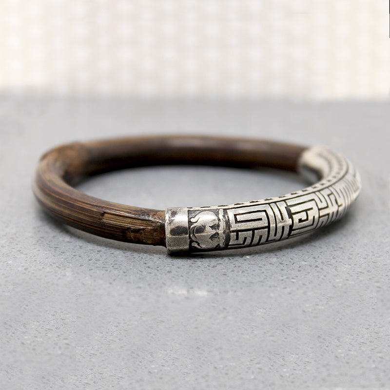 Chinese Silver & Bamboo Bangle with Engraved Bats