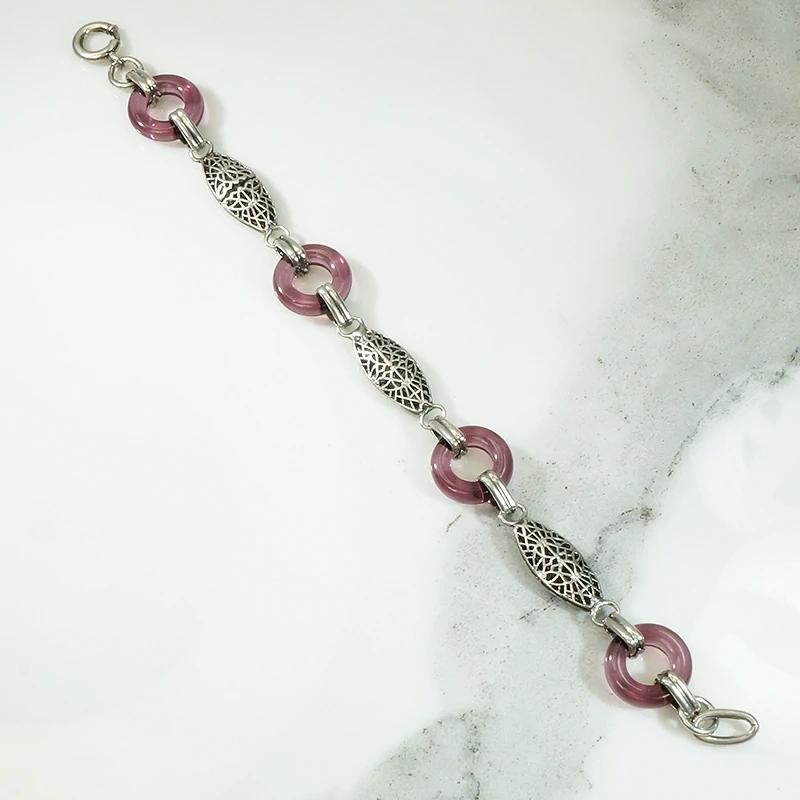 Deco Bracelet of Silver Filigree & Purple Glass Rings