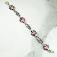 Deco Bracelet of Silver Filigree & Purple Glass Rings