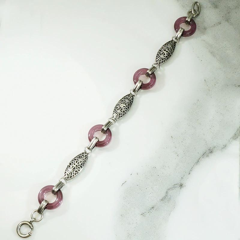 Deco Bracelet of Silver Filigree & Purple Glass Rings