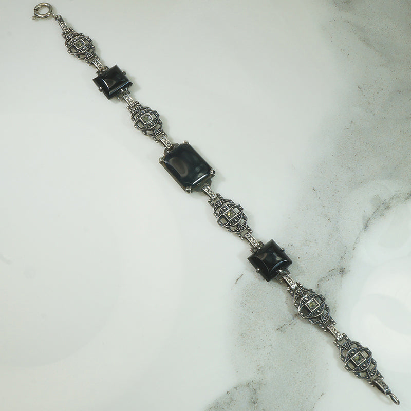 Deco Onyx and Marcasite Sterling Bracelet