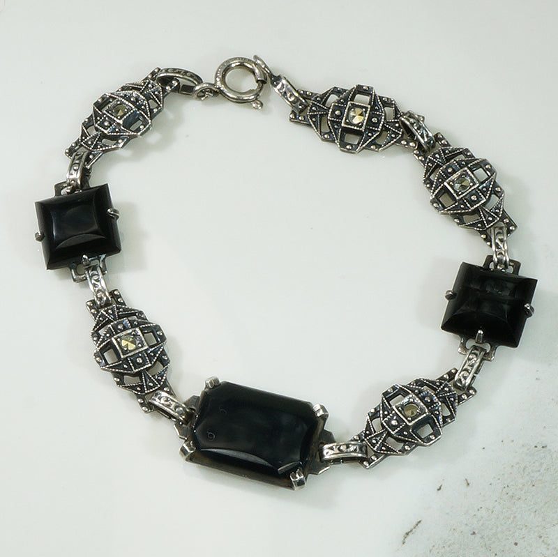 Deco Onyx and Marcasite Sterling Bracelet