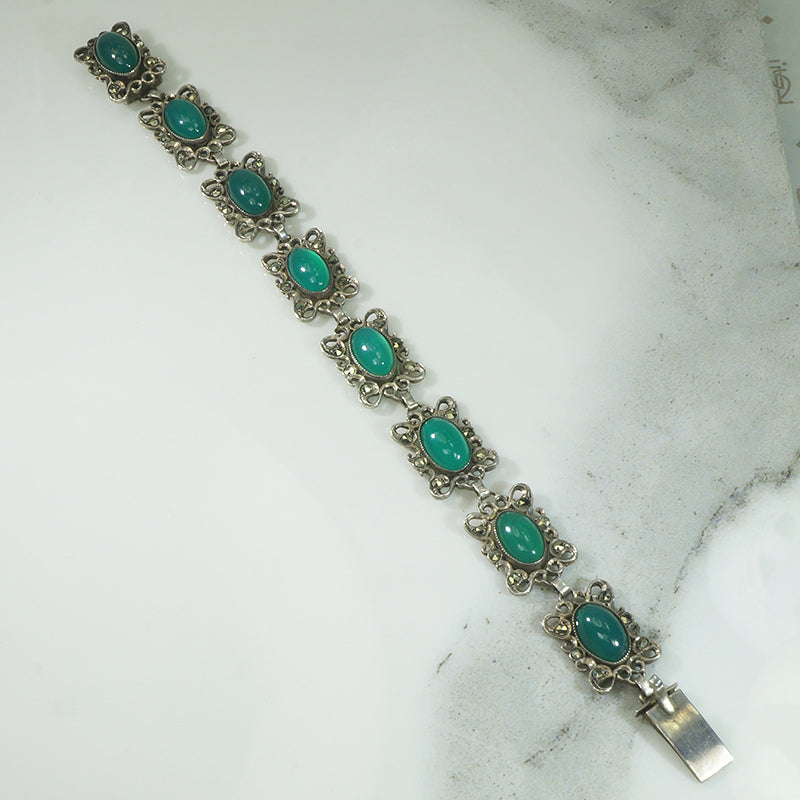 Deco Chrysoprase Sterling Marcasite Bracelet