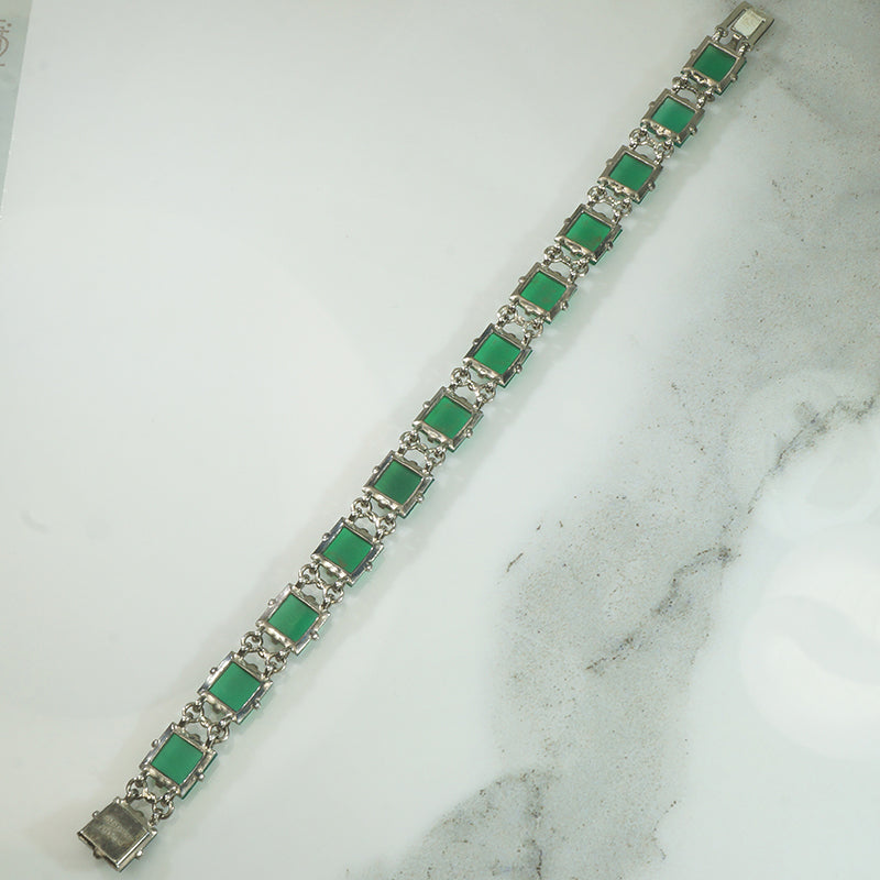 Sterling Silver and Green Chrysoprase Deco Bracelet