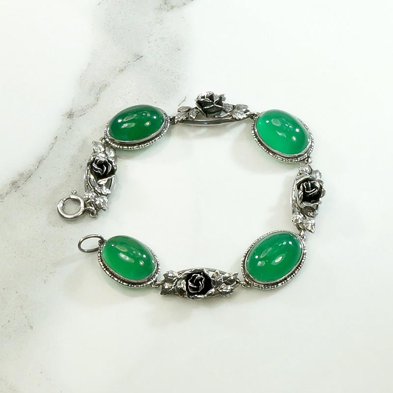 Glowing Green Chrysoprase & Silver Roses Bracelet